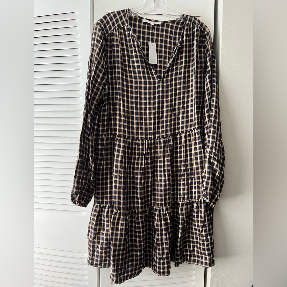 LOFT Size Large/Tall Navy and Gold Checkered Dress